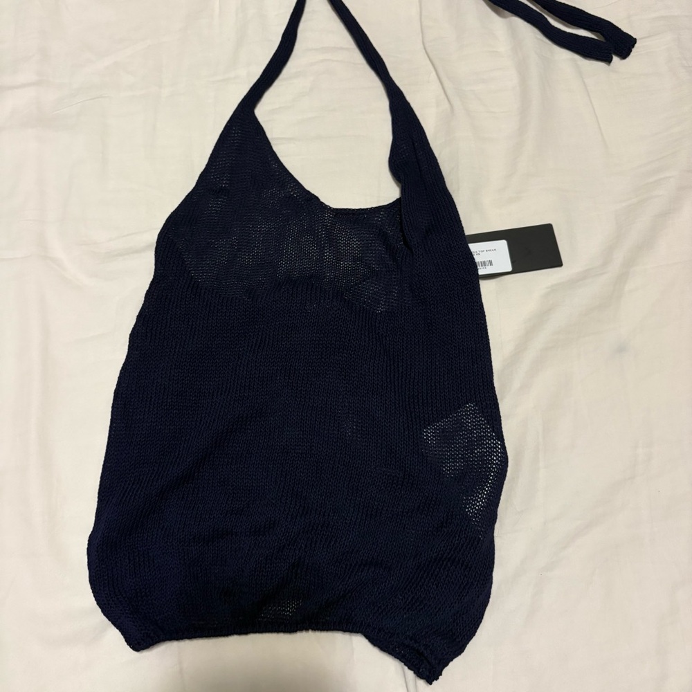 Motel Rocks Priscilla Halter Top in Sheer Knit Navy Blue - Picture 5 of 7